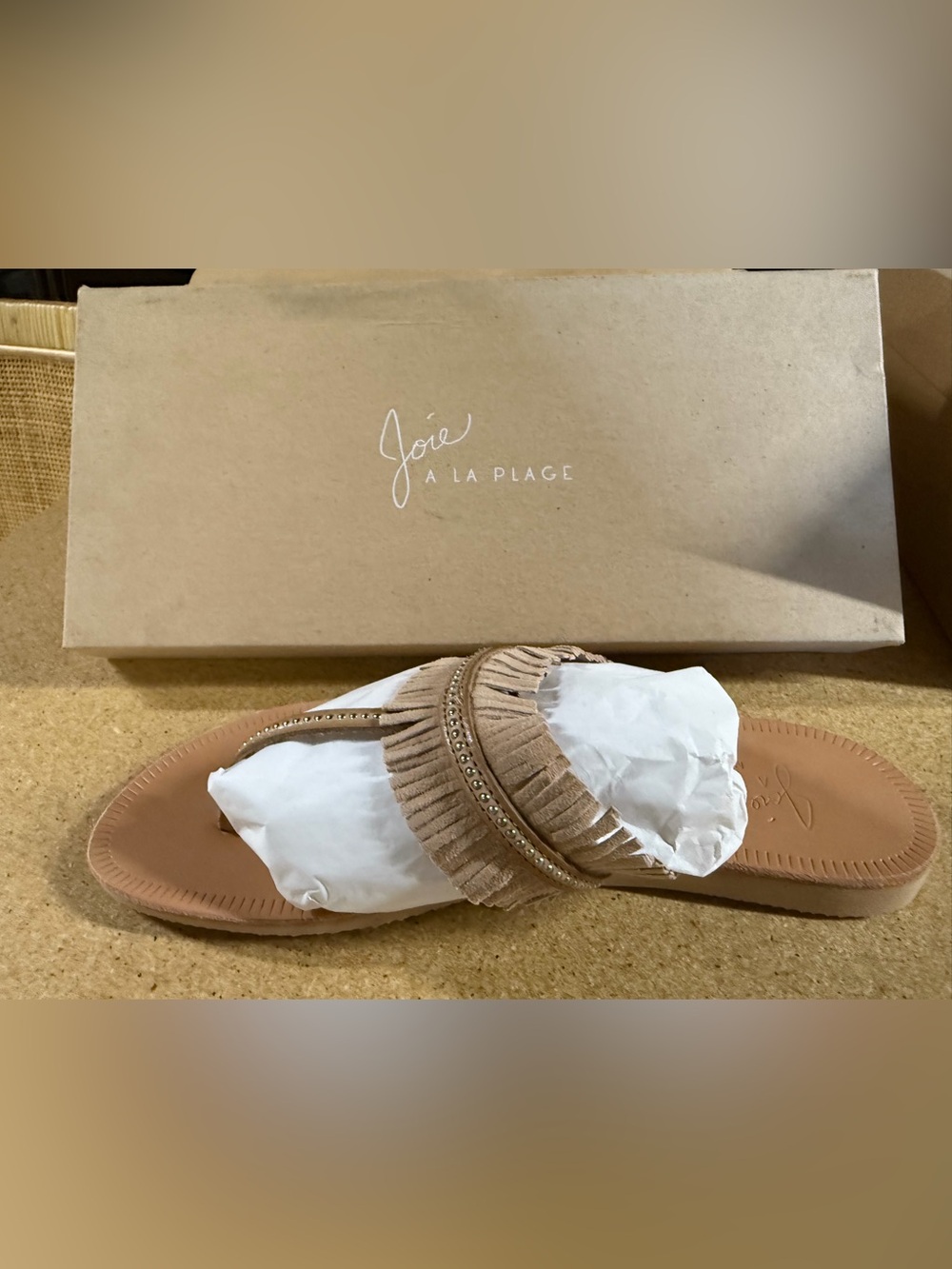 Joie Tan Fringe Suede Beaded Slide Sandal